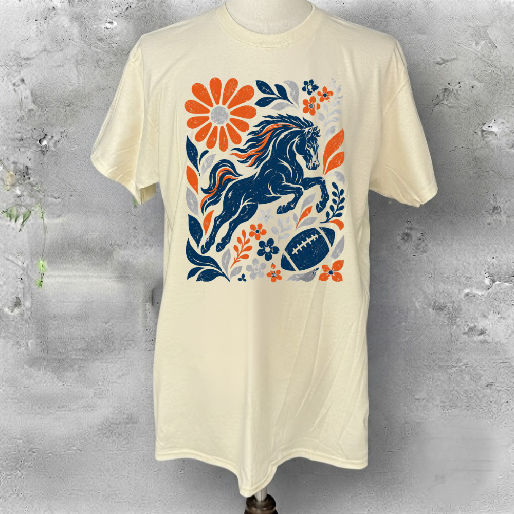 Denver Broncos Horse Football Flowers Retro Cream T-Shirt